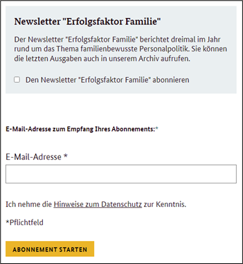 Screenshot des Anmeldeformulars für den Newsletter, Eingabefeld und Box zum anhaken, darunter Button "Abonnement starten"