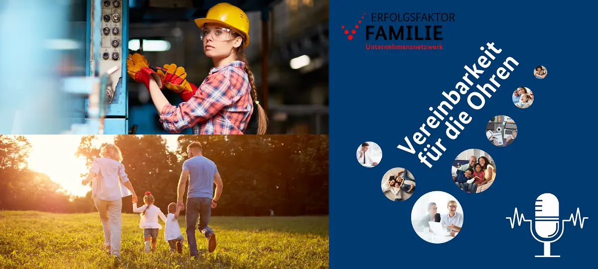 Schriftzug "Vereinbarkeit für die Ohren", links davon eine Familie und eine Frau mit Bauhelm