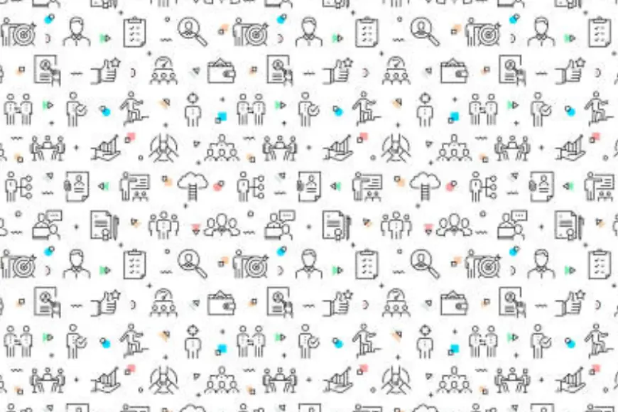 Viele Symbole nebeneinander angeordnet, zum Beispiel eine Lupe, ein Daumen nach oben, ein Portemonnaie