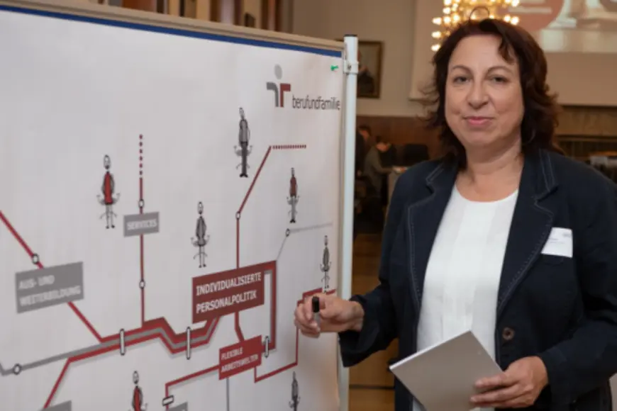 EIne Frau steht vor einem Poster auf dem verbundene Linien zu erkennen sind