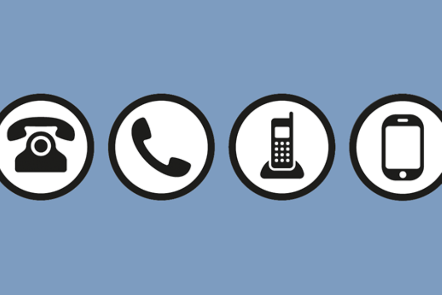 von links nach rechts Symbole Telefon, Telefonhörer, schnurloses Telefon, Handy