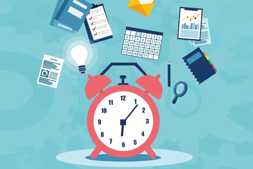 Ein gezeichneter Wecker, dahinter mehrere Objekte wie Glühbirne, Lupe, Stift