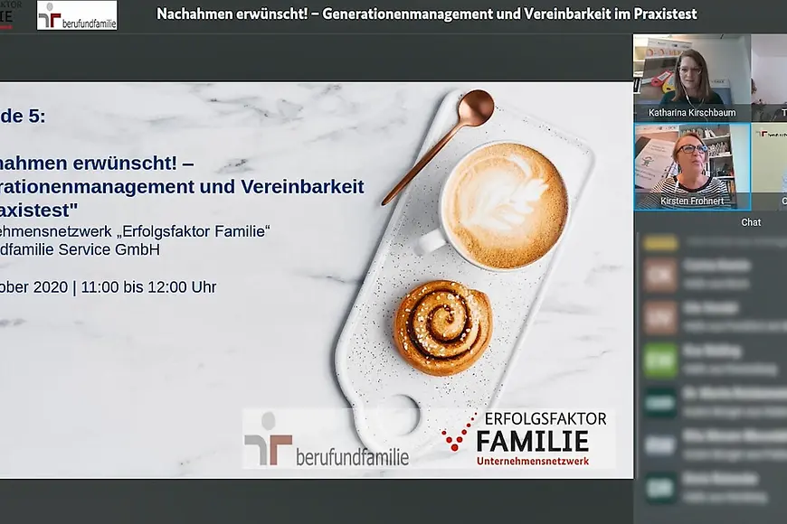 Bildschirmfoto, links Präsentationsfolie mit Titel "Nachnahmen erwünscht", rechts davon Chatfenster und Videofenster 