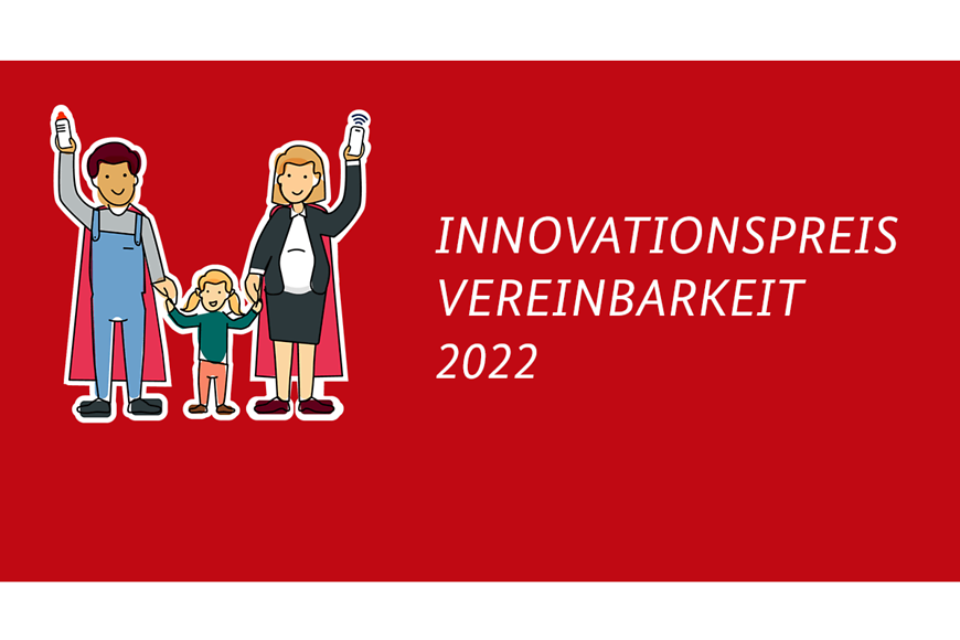 Eine gezeichnete Familie, daneben der Schriftzug "Innovationspreis Vereinbarkeit 2022"