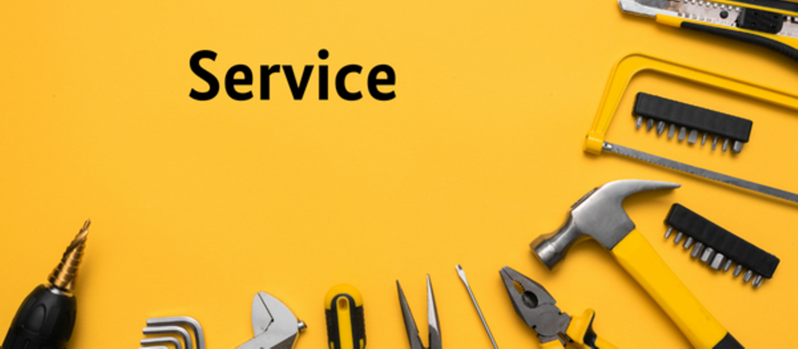 Bild zeigt: Schriftzug "Service" auf gelbem Hintergrund. Werkzeuge am unteren Bildrand.