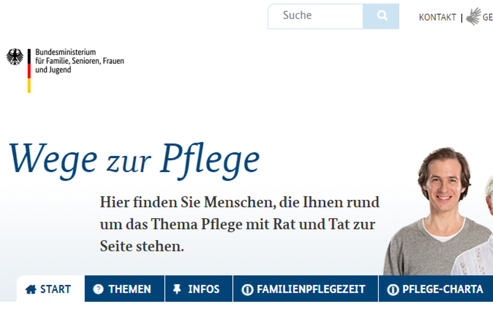 Bildschirmfoto mit Text "Wege zur Pflege", darunter eine Webseitennavigation, rechts eine ältere Frau, hinter ihr junges Paar