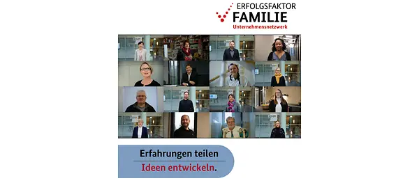 Schriftzug "Erfahrungen teilen / Ideen entwickeln." darüber viele kleine Portraits