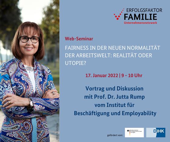 Schriftzug "Fairness in der neuen Normalität der Arbeitswelt: Realität oder Utopie?", links davon Frau mit überkreuzten Armen