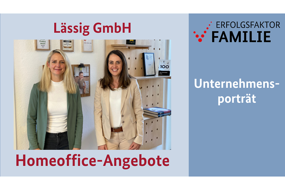 Schriftzug "Lässig GmbH Homeoffice Angebote", links davon zwei Frauen stehen vor einem Regal