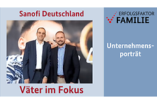 Schriftzug "Sanofi Deutschland Väter im Fokus", links davon zwei Männer in Sakkos