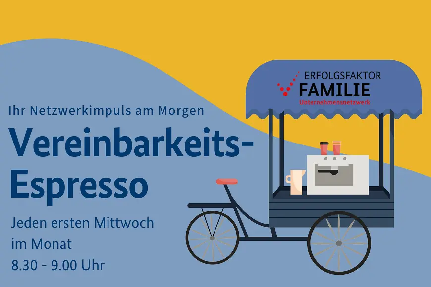 Sie sehen einen mobilen Kaffeewagen mit dem Titel Vereinbarkeitsespresso und dem Hinweis auf Erfolgsfaktor Familie