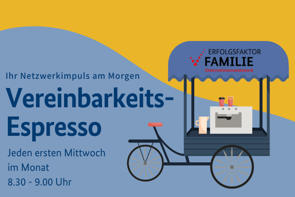 Sie sehen einen mobilen Kaffeewagen mit dem Titel Vereinbarkeitsespresso und dem Hinweis auf Erfolgsfaktor Familie