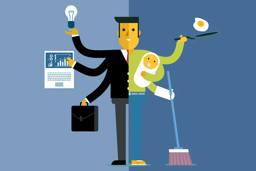 Ein Comic-Vater der zu einer Hälfte die Arbeit jongliert, mit der anderen die Familienaufgaben