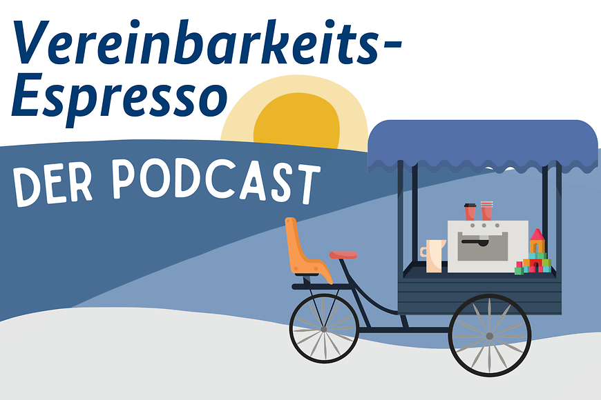 Graphisches Bild. Mit der Aufschrift Vereinbarkeits-Espresso Podcast und einem graphischen Espressofahrrad mit Kindersitz