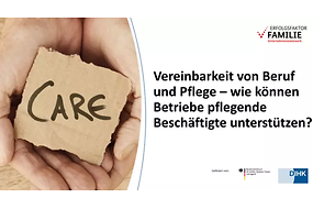 Links Hände die einen Zettel mit der Aufschrift "Care" halten, rechts Logos