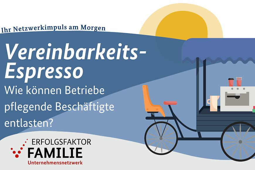 Zu sehen ist ein Veranstaltungsplakat für den virtuellen Vereinbarkeitsespresso zum Thema Beruf und Pflege