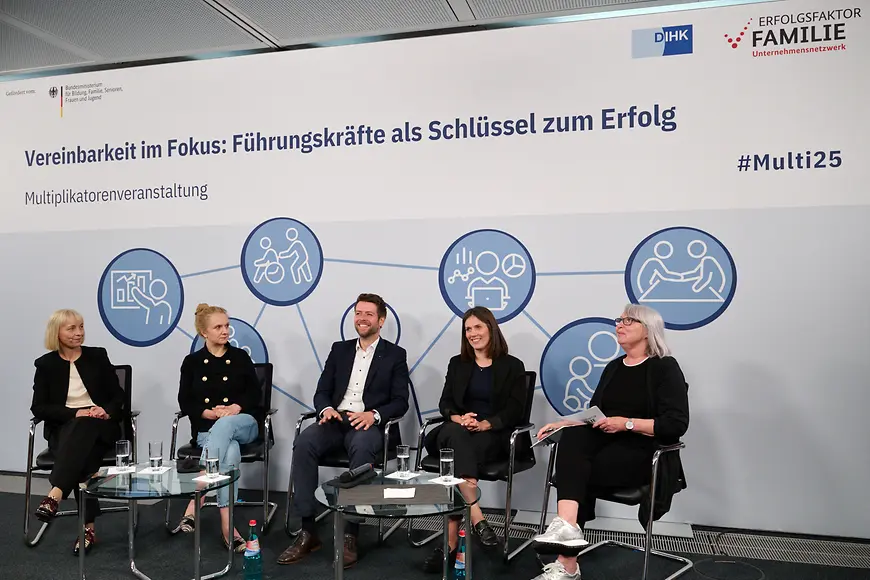 Zu sehen sind 5 Personen, die bei der Multiplikatorenveranstaltung Lösungen für Vereinbarkeit vorstellen