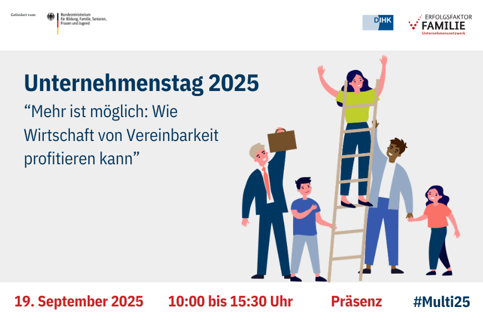 Frau steht oben auf der Leiter, unten halten Mann, Kind und ggf. Arbeitgeber sie fest.