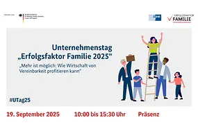 Frau steht oben auf der Leiter, unten halten Mann, Kind und ggf. Arbeitgeber sie fest.