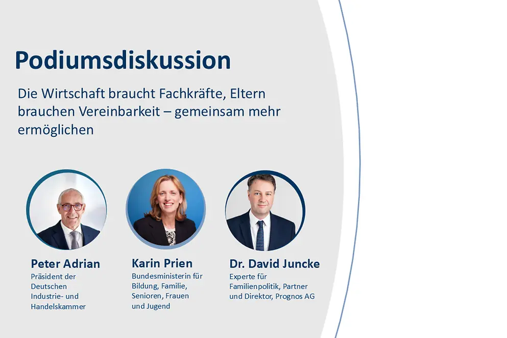 Das Bild zeigt Porträts der Teilnehmer der Podiumsdiskussion: Karin Prien, Peter Adrian und Dr. David Juncke.