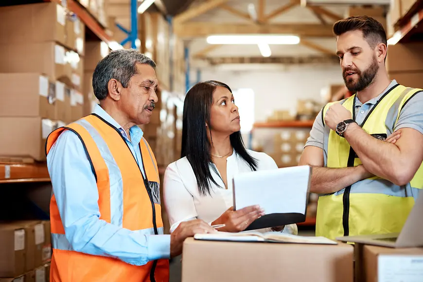 Eine Frau und zwei Männer, die in einem Lager arbeiten, führen eine Besprechung