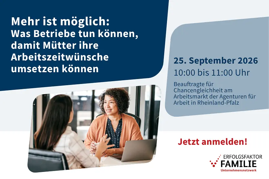 Veranstaltungsinfo mit einem Bild auf dem sich zwei Frauen im Arbeitskontext unterhalten